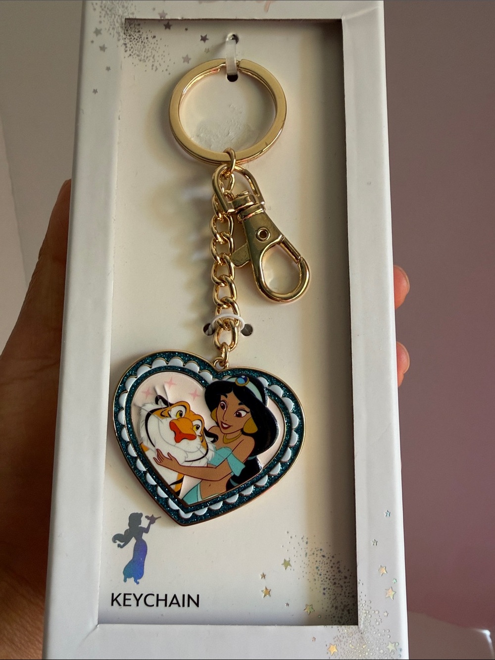 Disney Gold Heart Keychain with Princess Jasmine and Rajah